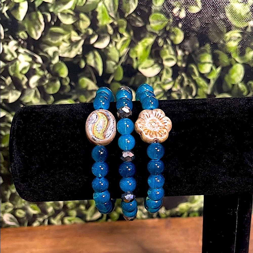 Blue Glass Bead 3 PC Stretch Bracelet Set